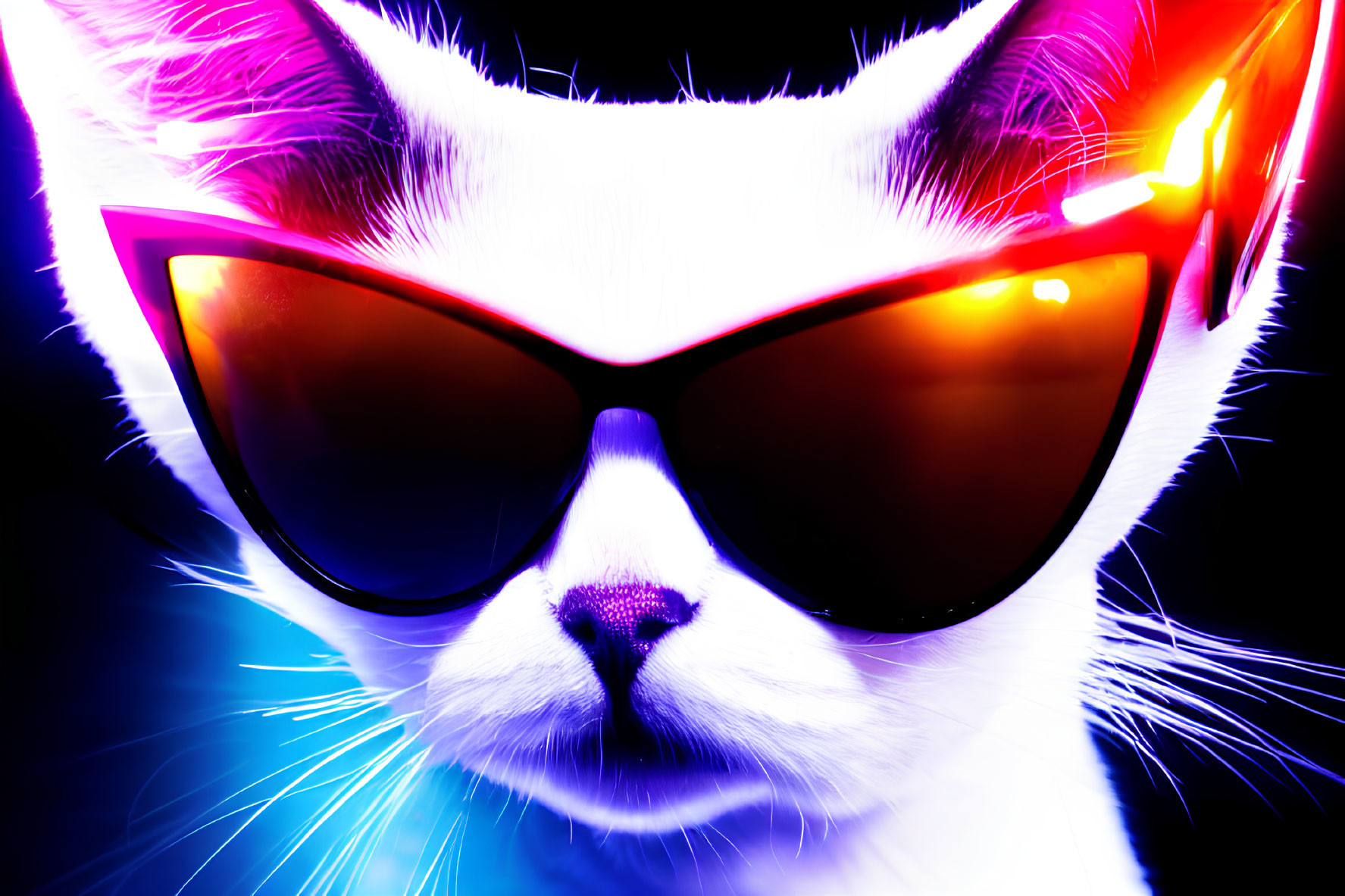 Colorful Cat with Sunglasses on Neon Background