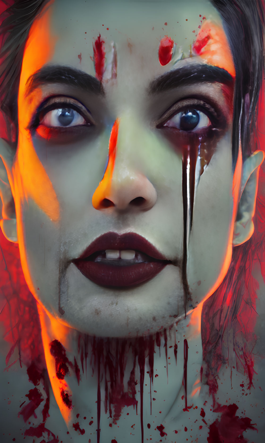 Intense portrait with blood-red embellishments on face