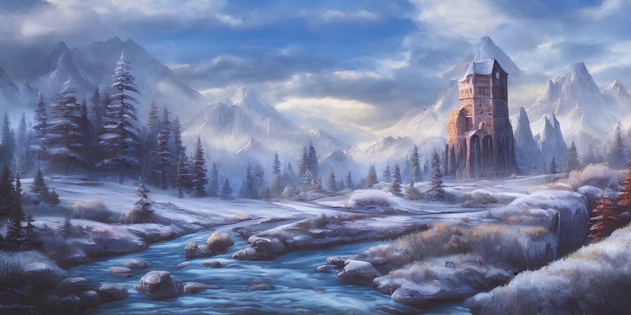 Winter landscape: river, snow-covered trees, tower, mountains, cloudy sky
