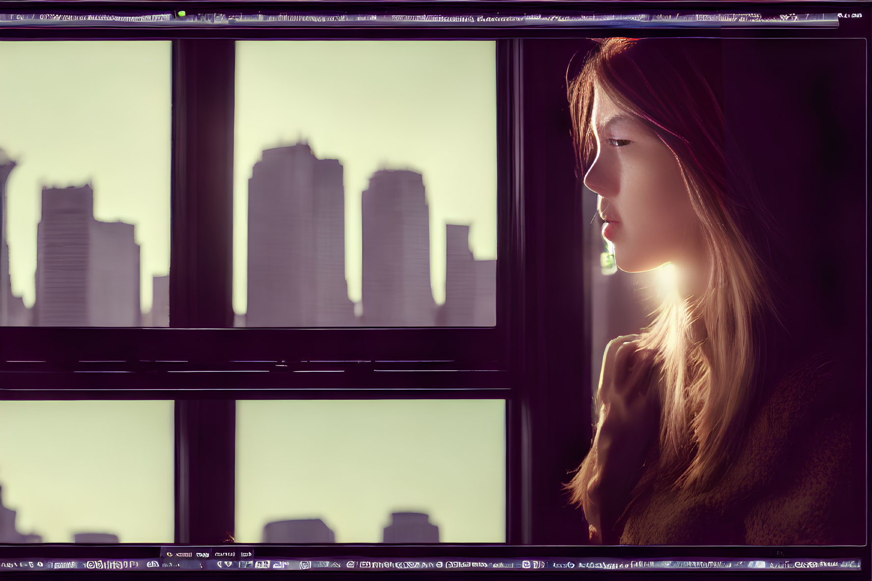 Silhouetted woman looking out window at city skyline during sunset