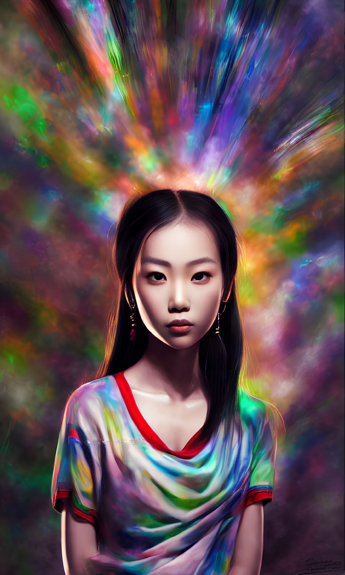 Intense gaze of young woman in tie-dye shirt against vibrant abstract colors