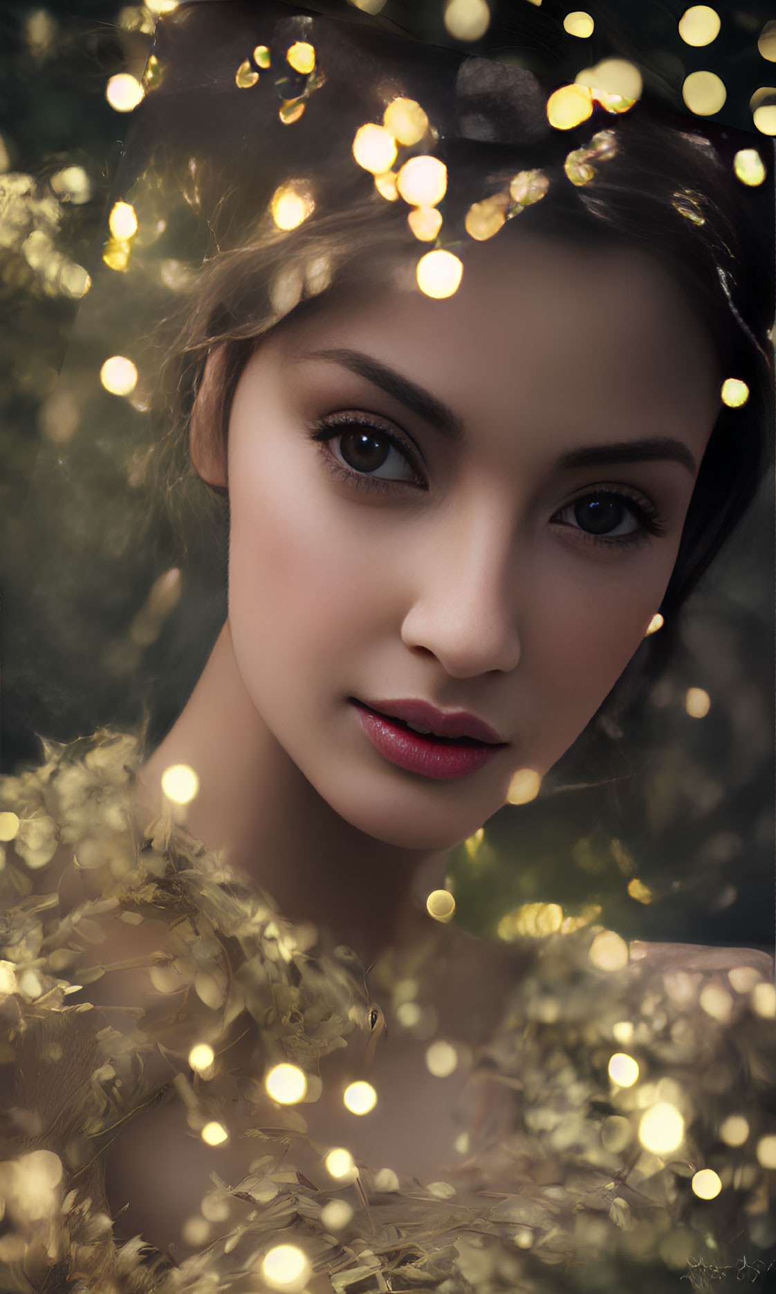 Detailed portrait of a woman with glowing lights and captivating gaze in soft ambiance