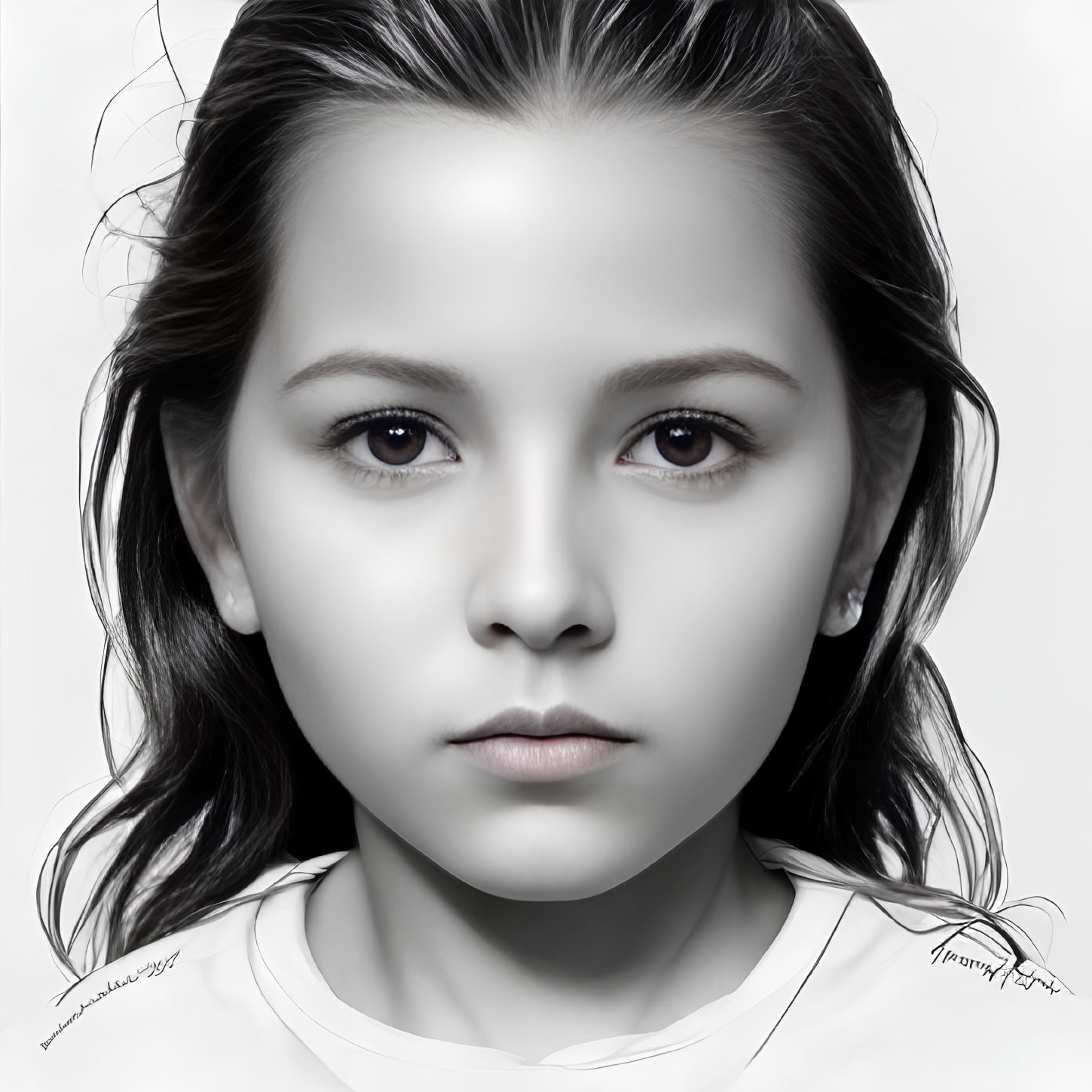Monochrome high-resolution portrait of young girl with intense eyes in light top