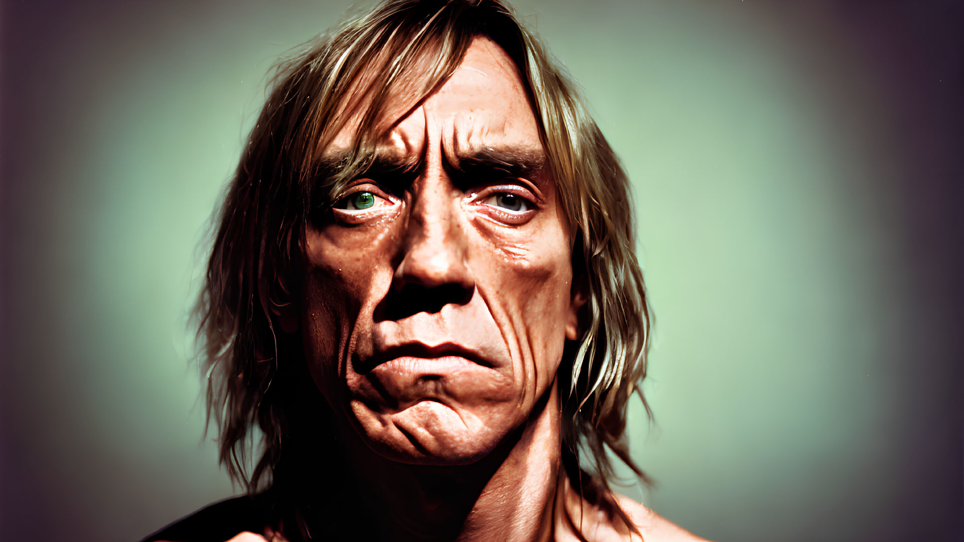 Digital artwork: Gaunt male face with long hair and sunken eyes