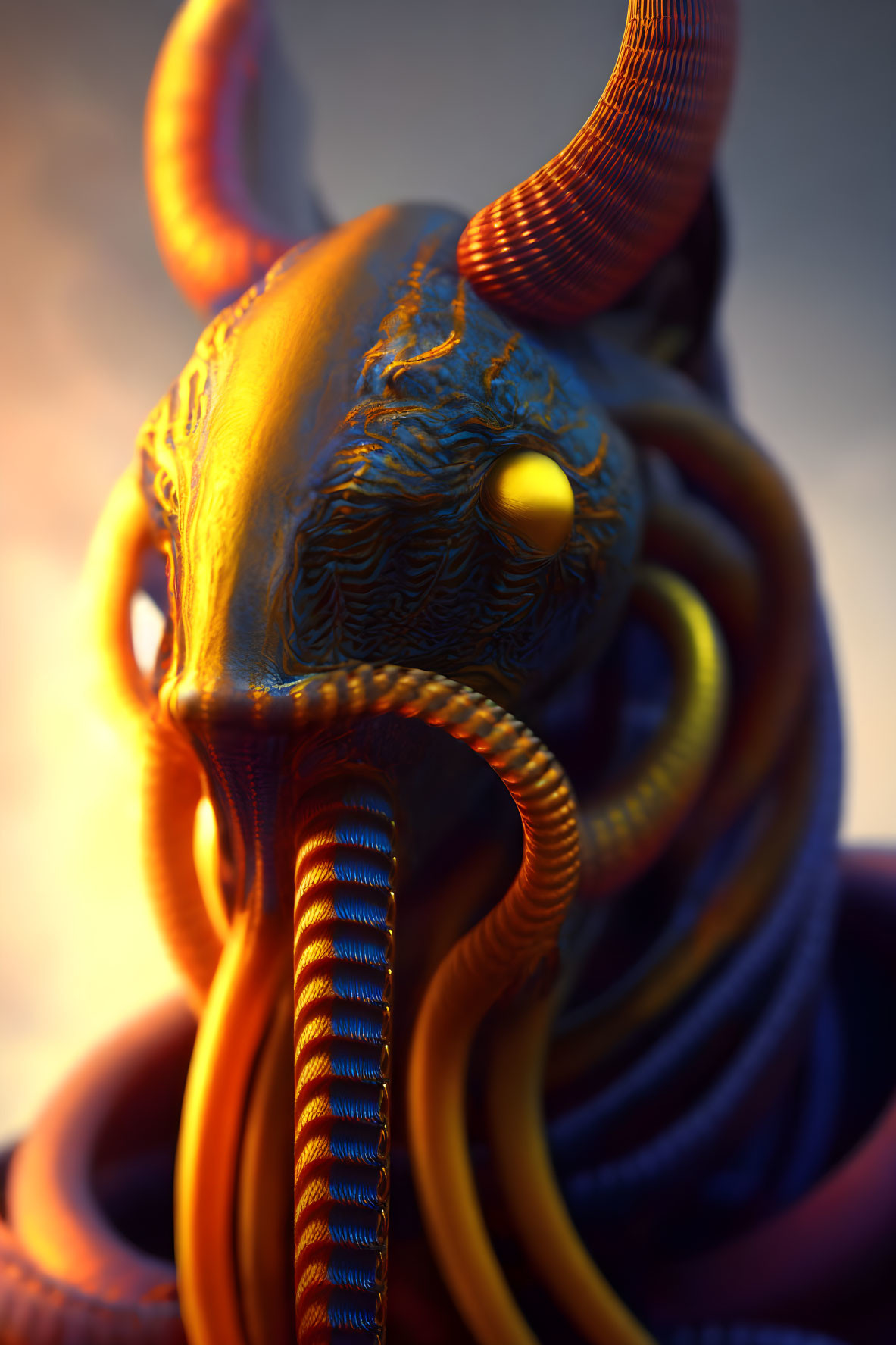 Colorful horned creature with yellow eye and striped tentacles.