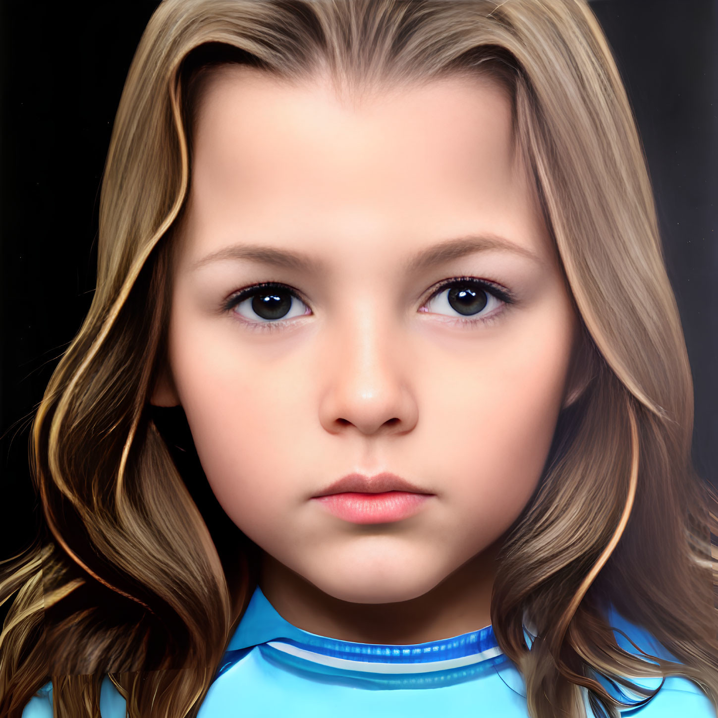 Young girl with long brown hair and big brown eyes in light blue top on dark background