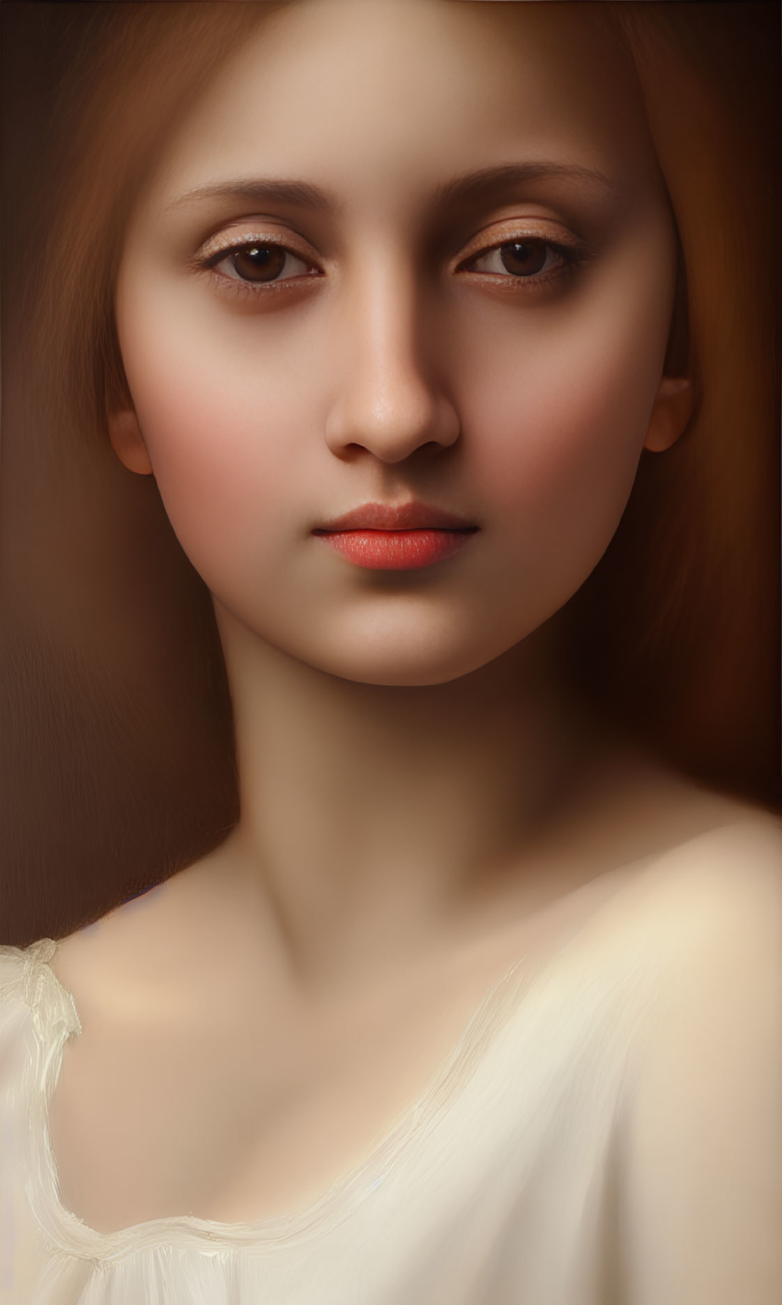Young woman portrait with soft features and serene expression in off-white garment