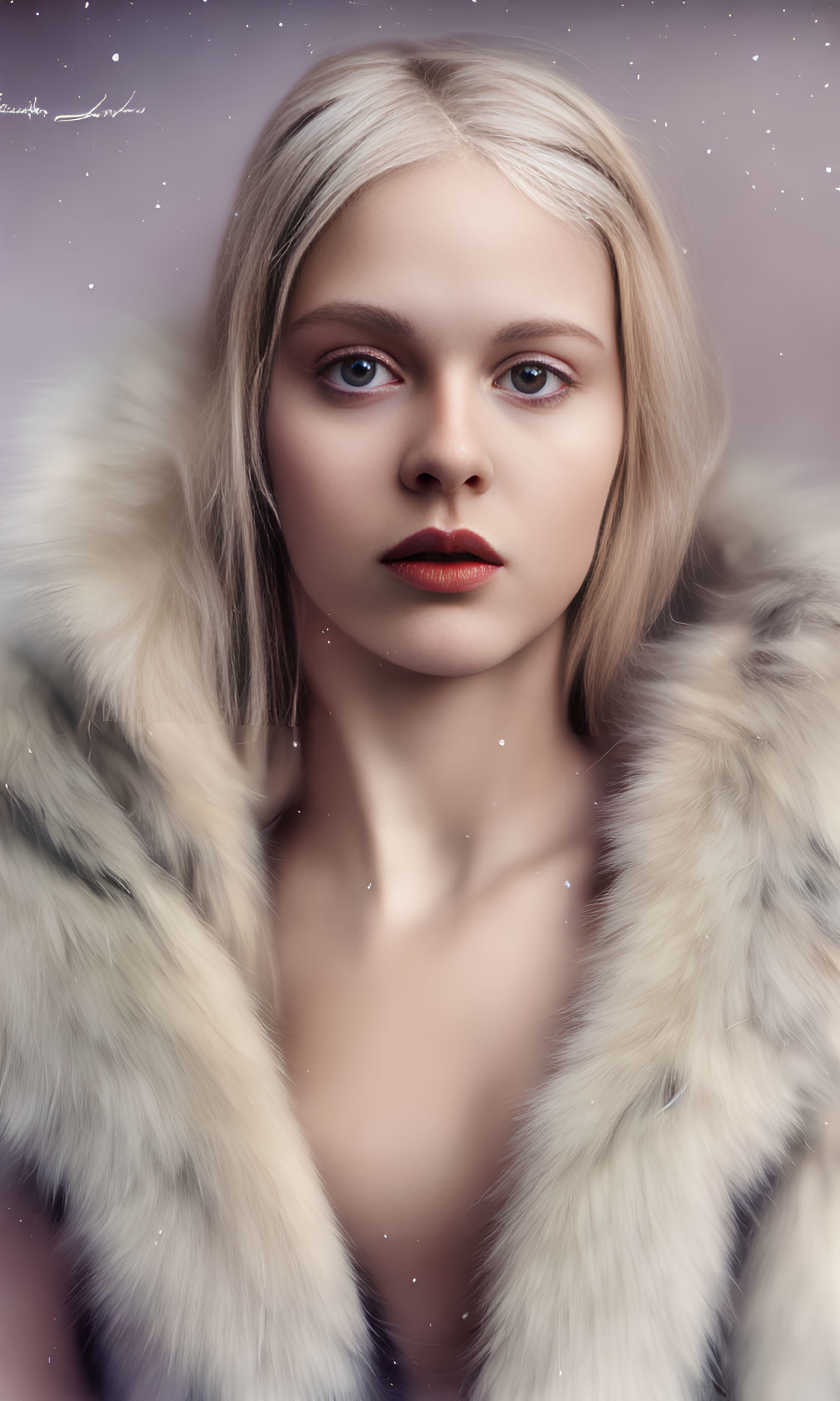 Platinum blonde hair, red lips portrait in white fur coat on soft purple background