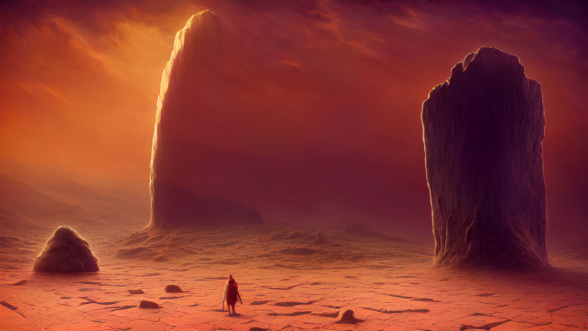Cloaked figure on barren landscape with red sky