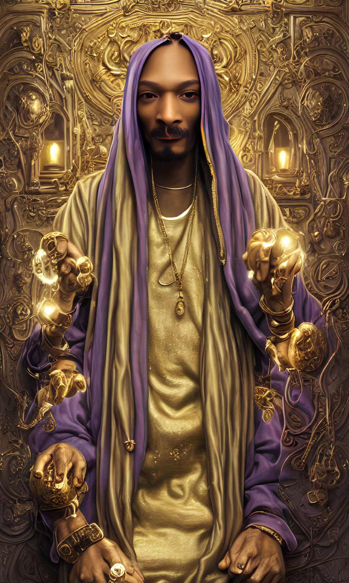 Illustration of man in purple headscarf with gold robes, surrounded by glowing skulls and intricate patterns