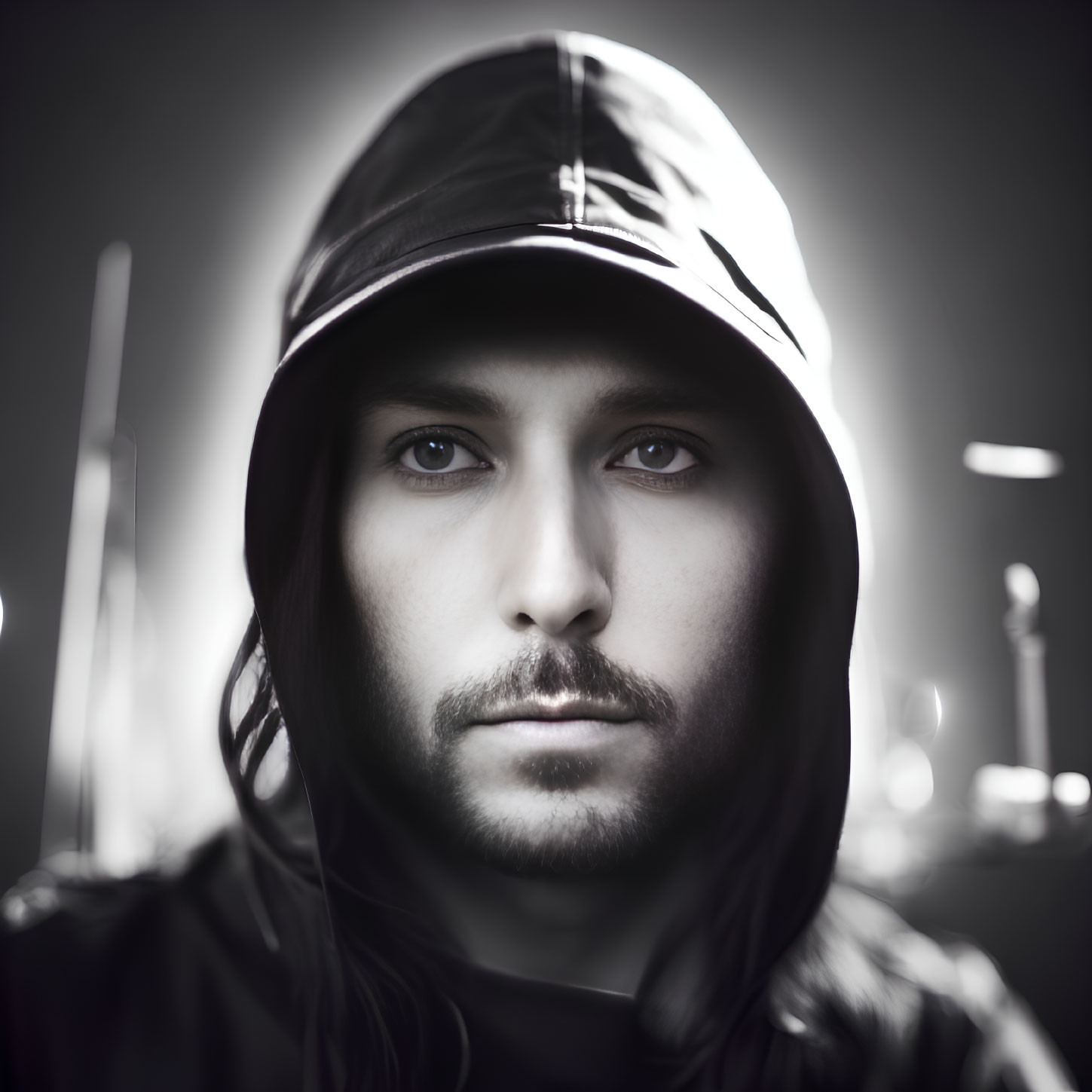 Bearded man in hooded jacket gazes at camera with blurred background