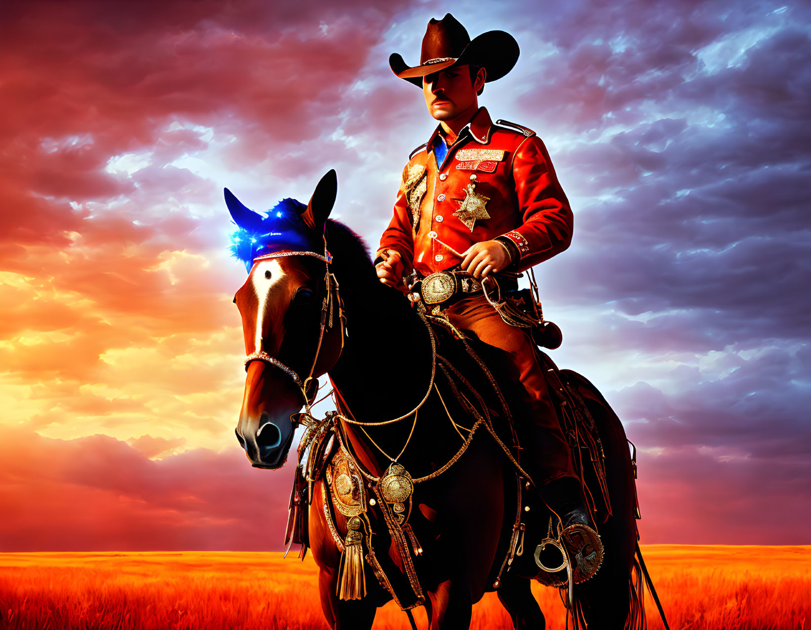 Person in Red and Gold Uniform on Horse at Sunset Sky