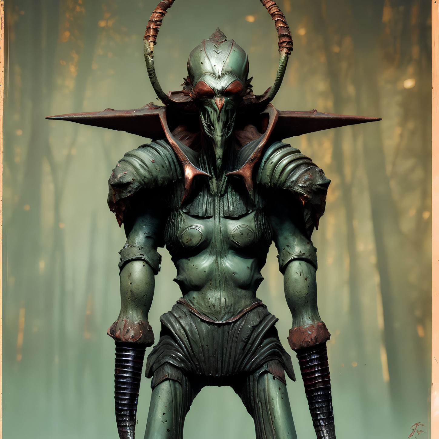 Fantasy warrior in green armor against misty forest backdrop