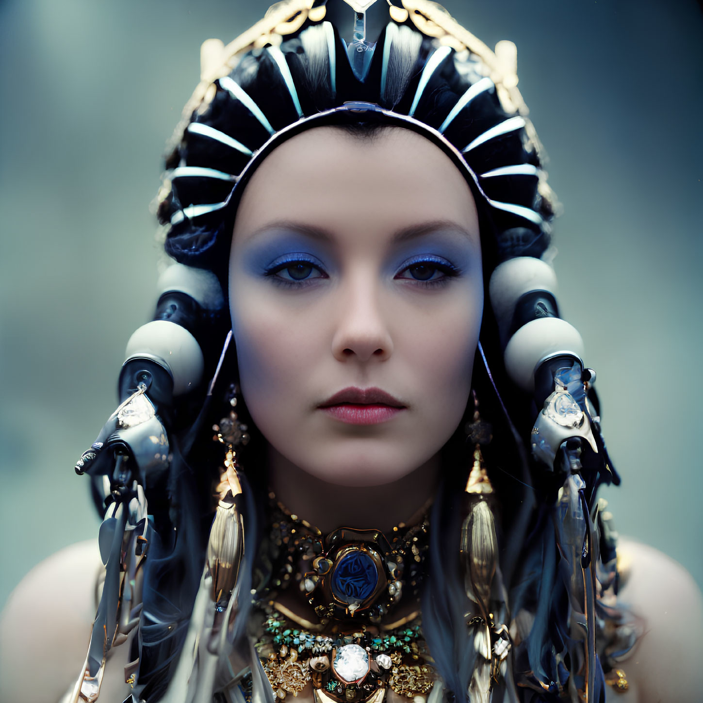 Futuristic cyborg portrait with black and white headdress and robotic arms