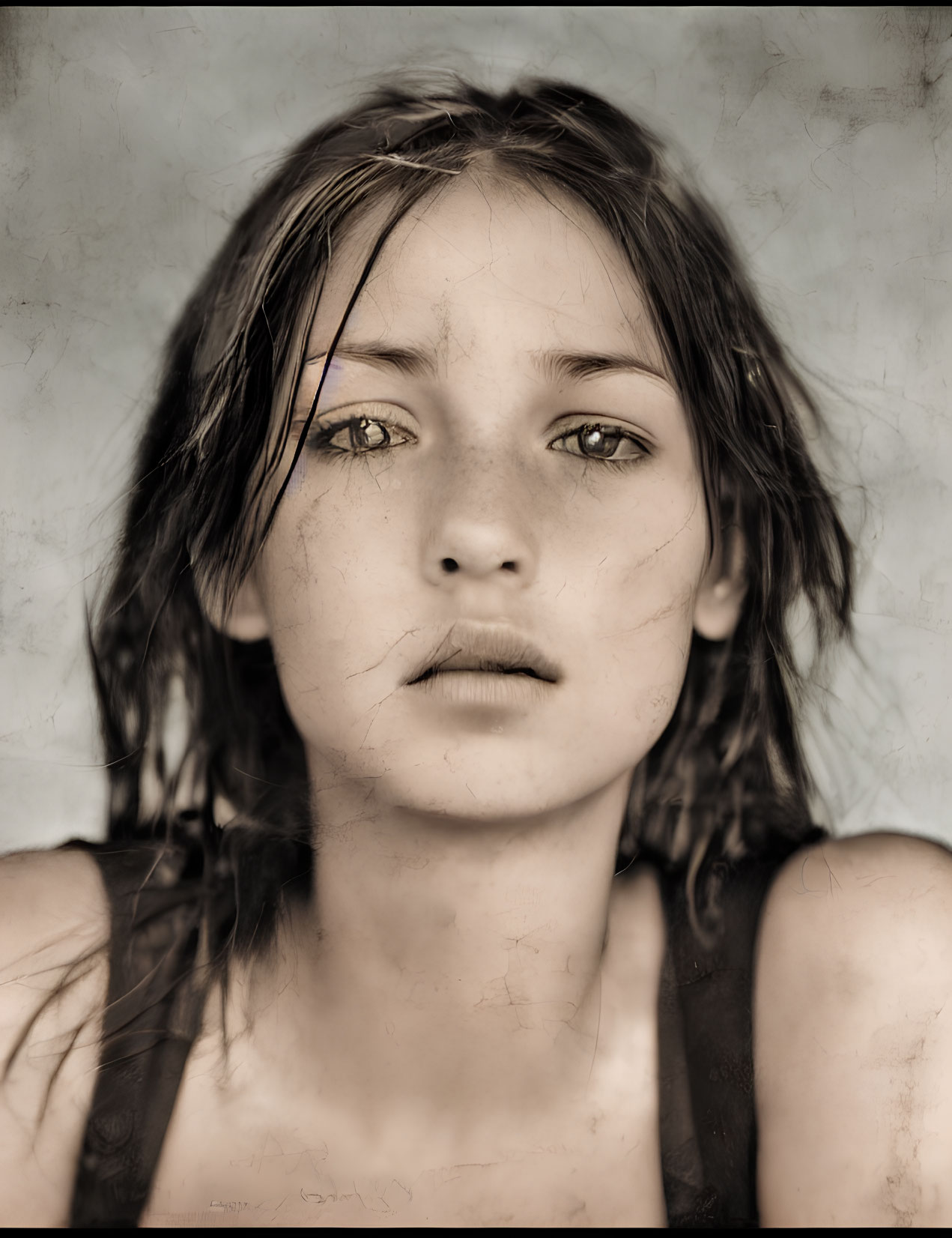 Close-up Portrait of Young Woman with Wet Hair Strands and Intense Eyes