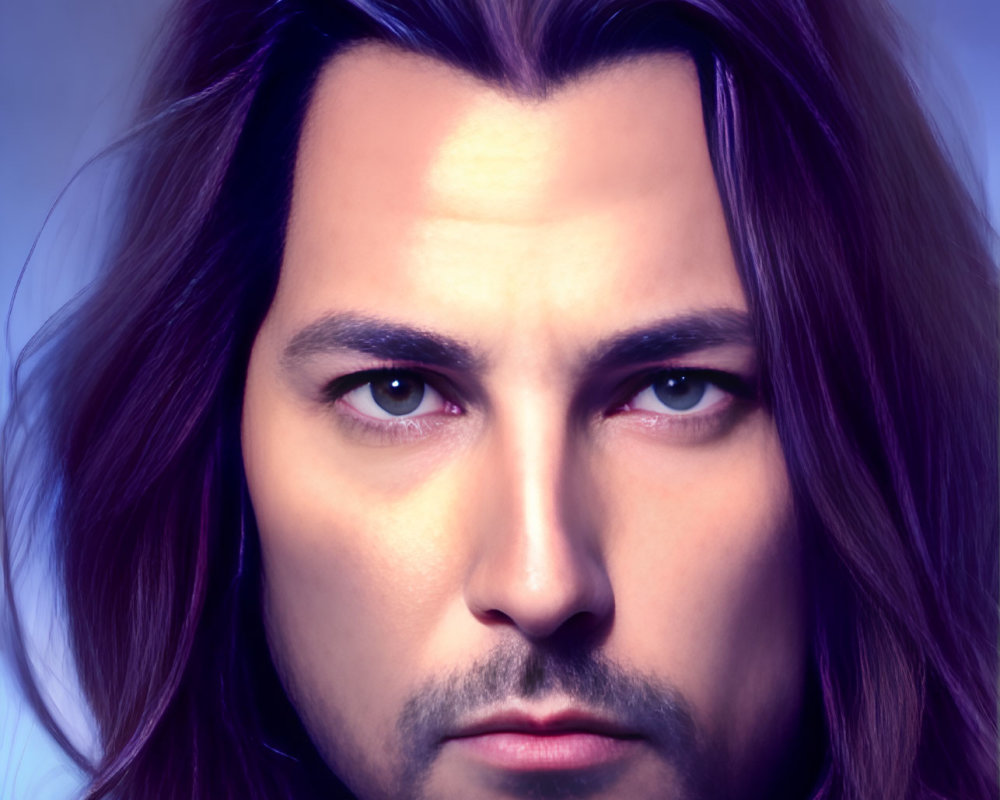 Man with Long Brown Hair in Digital Portrait on Blue Gradient Background