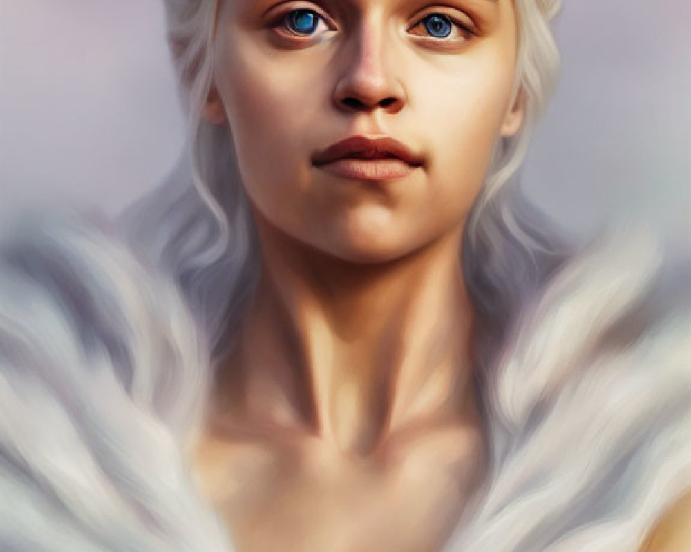 Digital painting of woman with pale skin, blue eyes, and platinum blonde hair in white fur shawl
