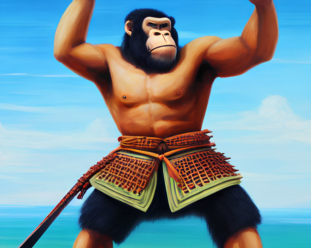 Anthropomorphic gorilla warrior with staff on beach in red and yellow kilt