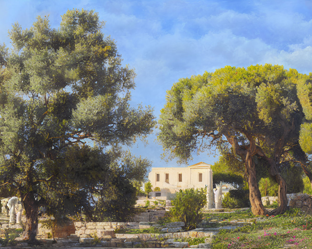 Tranquil landscape with green trees, white building, and ancient ruins