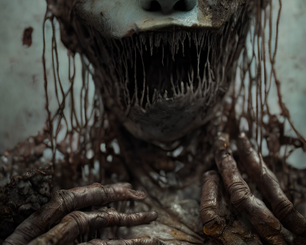 Eerie creature with bulging eyes, gaping mouth, and bony fingers in decaying flesh.