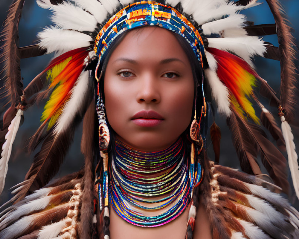 Stoic person in Native American headdress with feathers & beadwork