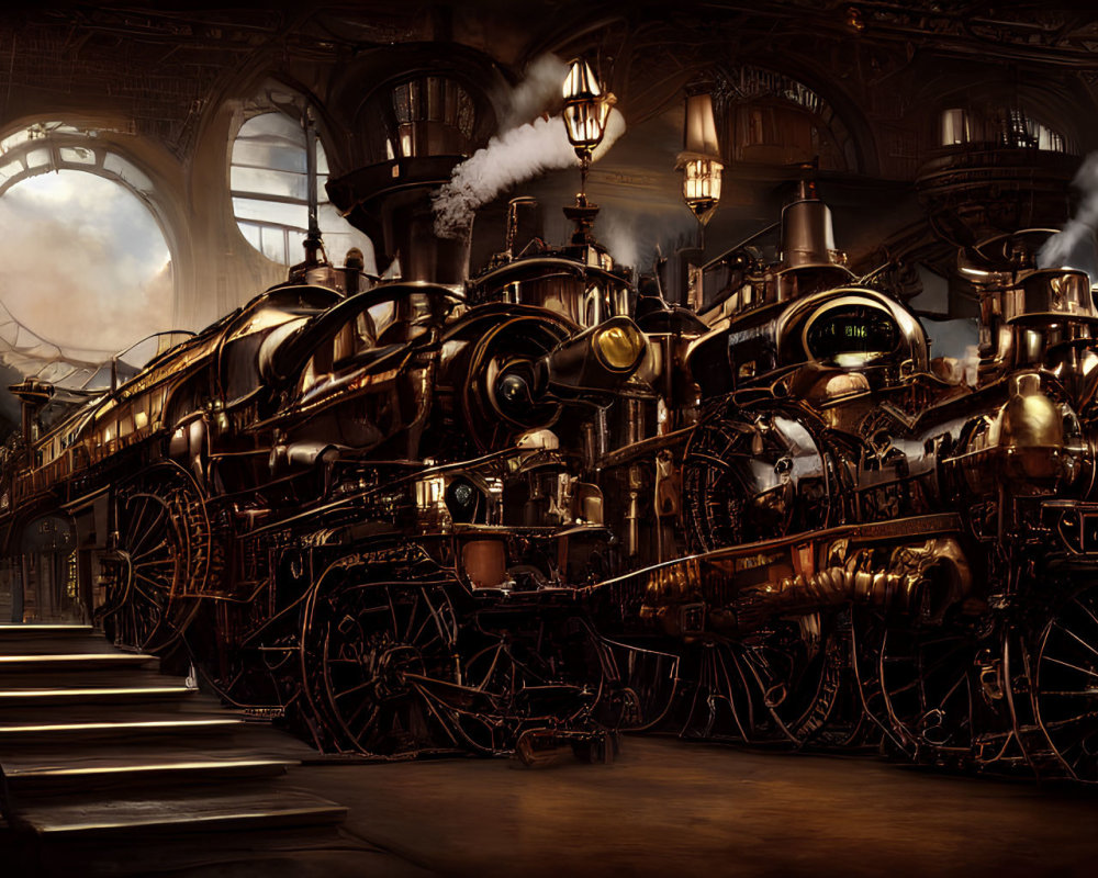 Vintage steampunk train station with ornate details and billowing steam under windowed roof