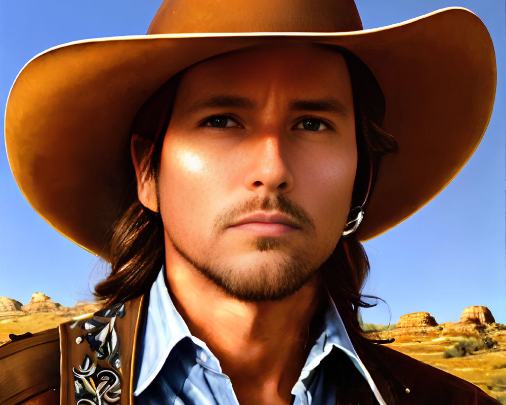 Digital portrait: man with mustache in cowboy hat, desert landscape.