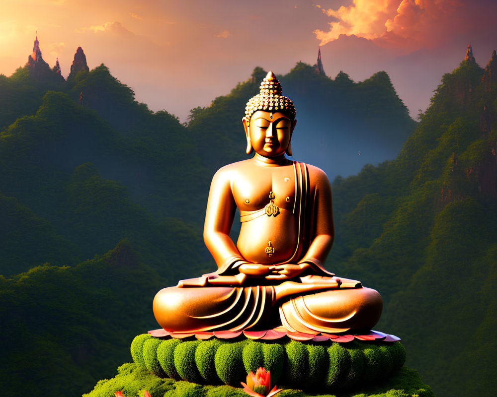 Golden Buddha Statue Meditating on Green Hill at Sunset