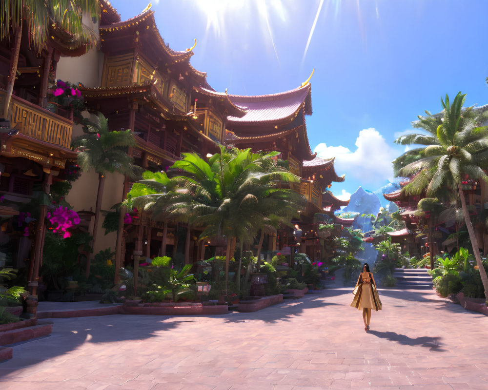 Person walking towards traditional Asian-style buildings among lush palms and vibrant flowers under clear sky