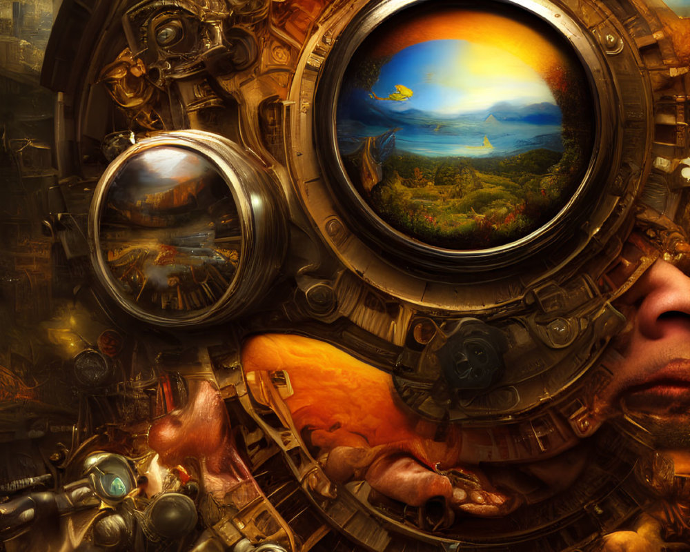 Surreal artwork: Circular window, tranquil sea, sunset, mechanical parts, human elements, clock