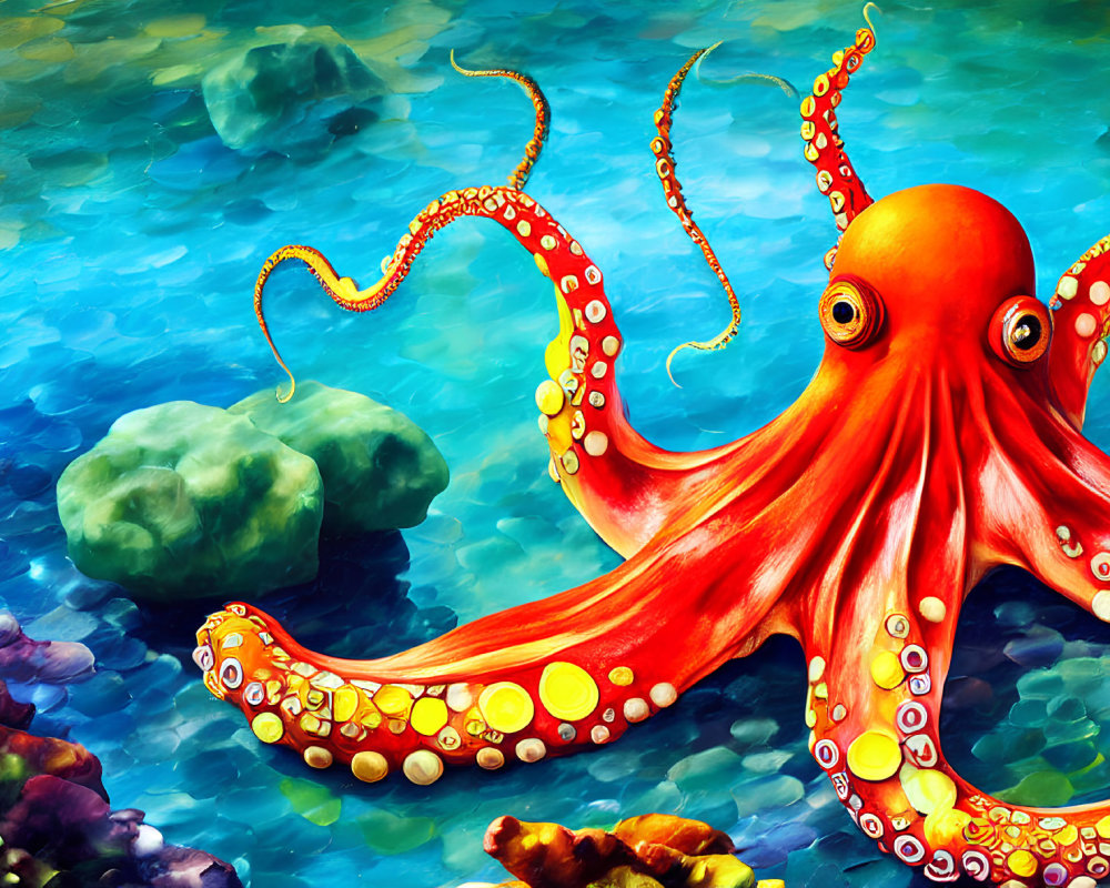 Colorful Underwater Illustration: Red Octopus with Yellow Spots