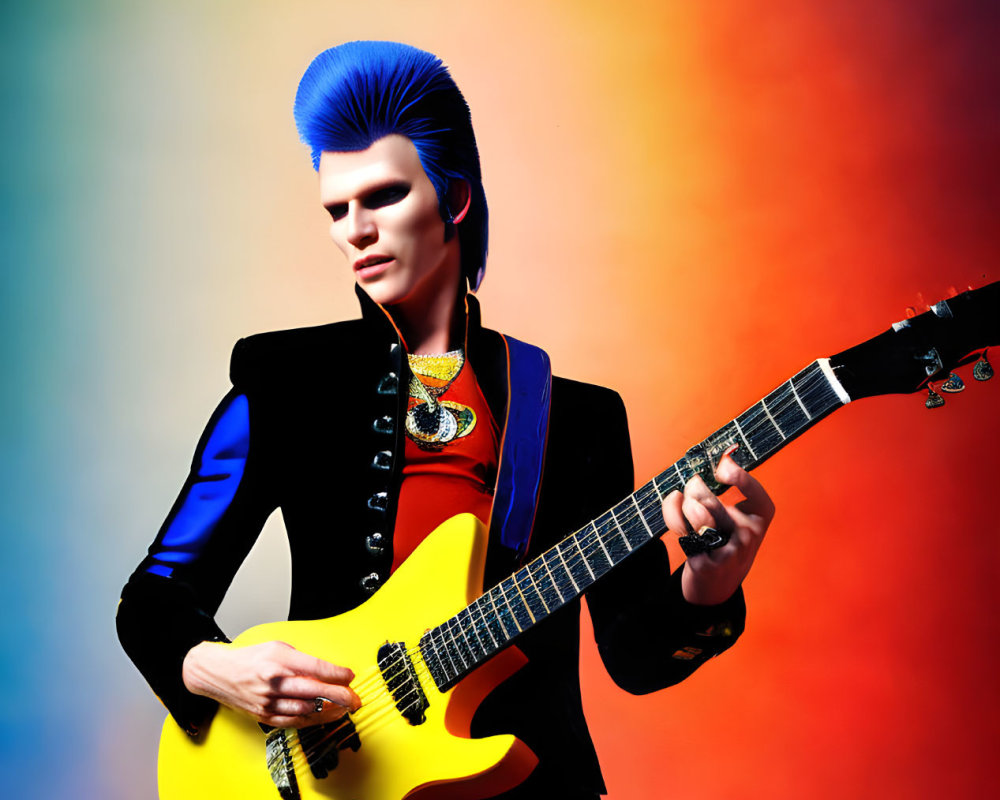 Vibrant blue mohawk person playing electric guitar on colorful gradient background