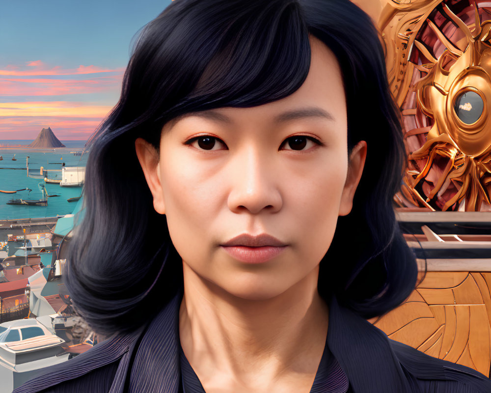 Asian woman with black hair in futuristic nautical portrait