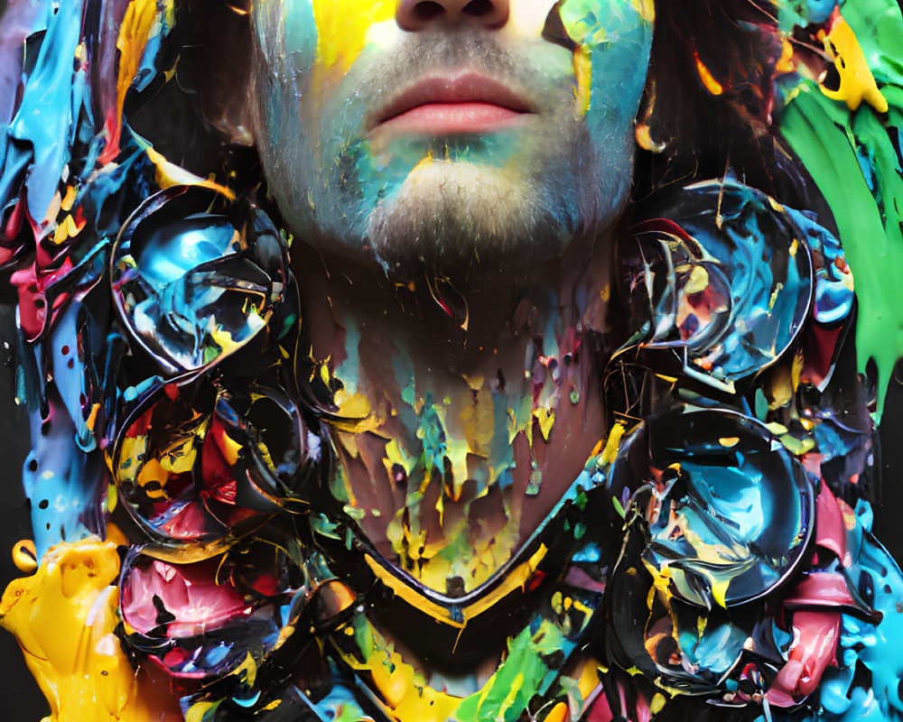 Contemplative person covered in vibrant paint splashes