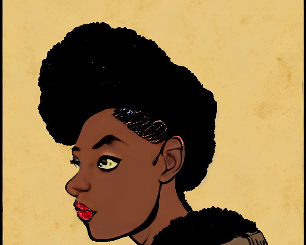 Woman with Prominent Afro Hairstyle Glancing Back, Stylized Text Above