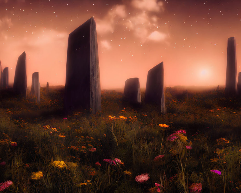 Mystical landscape with towering monoliths in blooming field at sunset