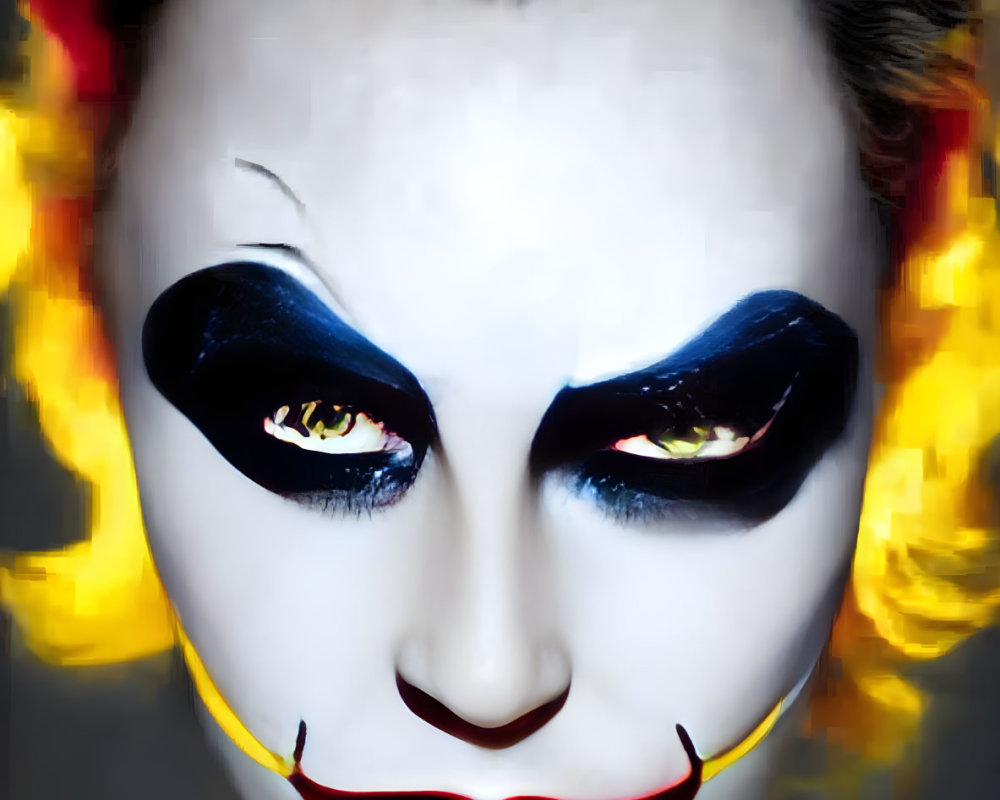 Theatrical clown makeup with white face paint and vibrant colors