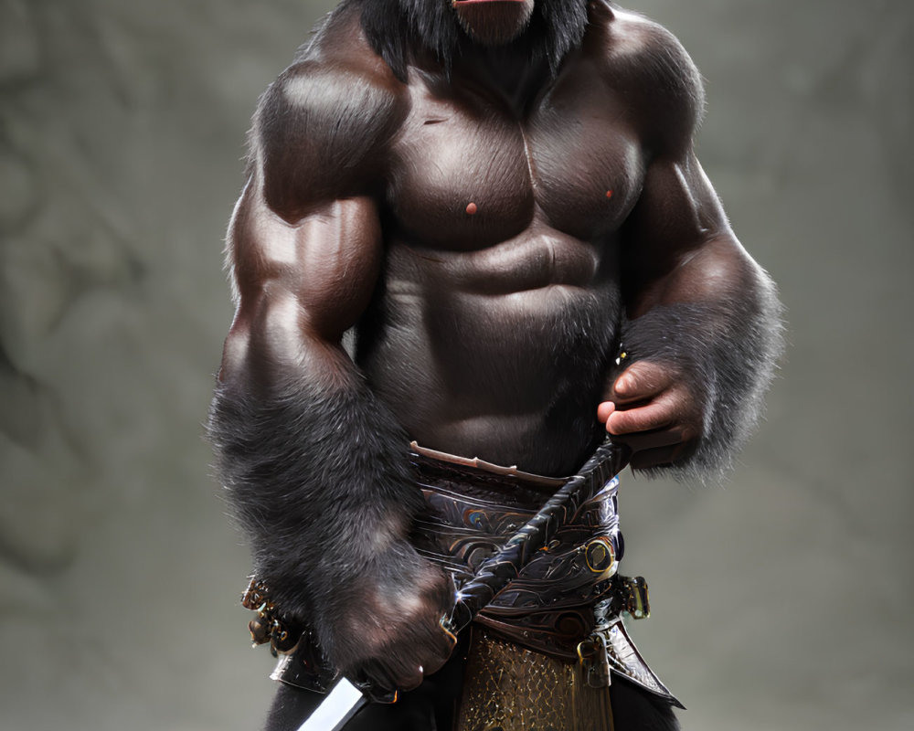 Muscular anthropomorphic gorilla with sword and intense gaze in warrior attire.