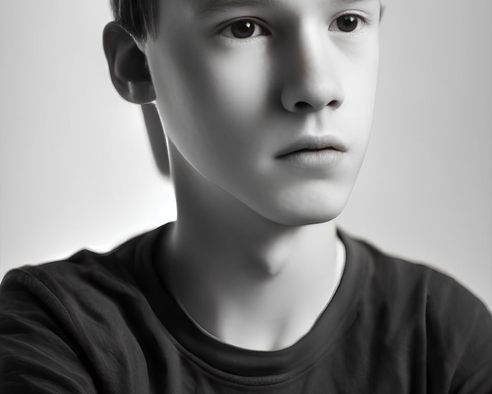 Monochrome portrait of pensive young boy with soft lighting