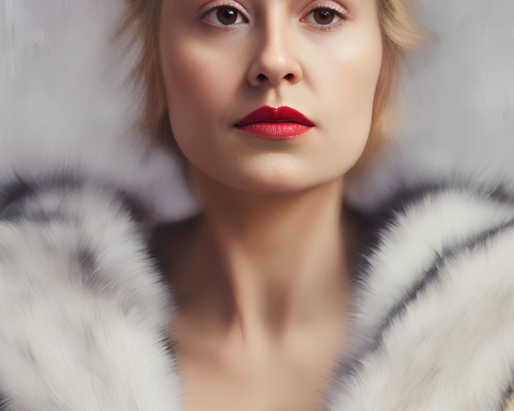 Blonde Woman in White Fur Collar with Red Lipstick