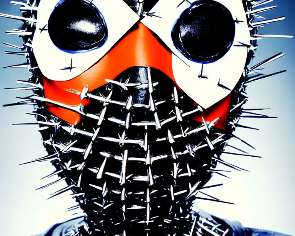Spiked head mask with cartoonish eyes and orange nose holding a matching object