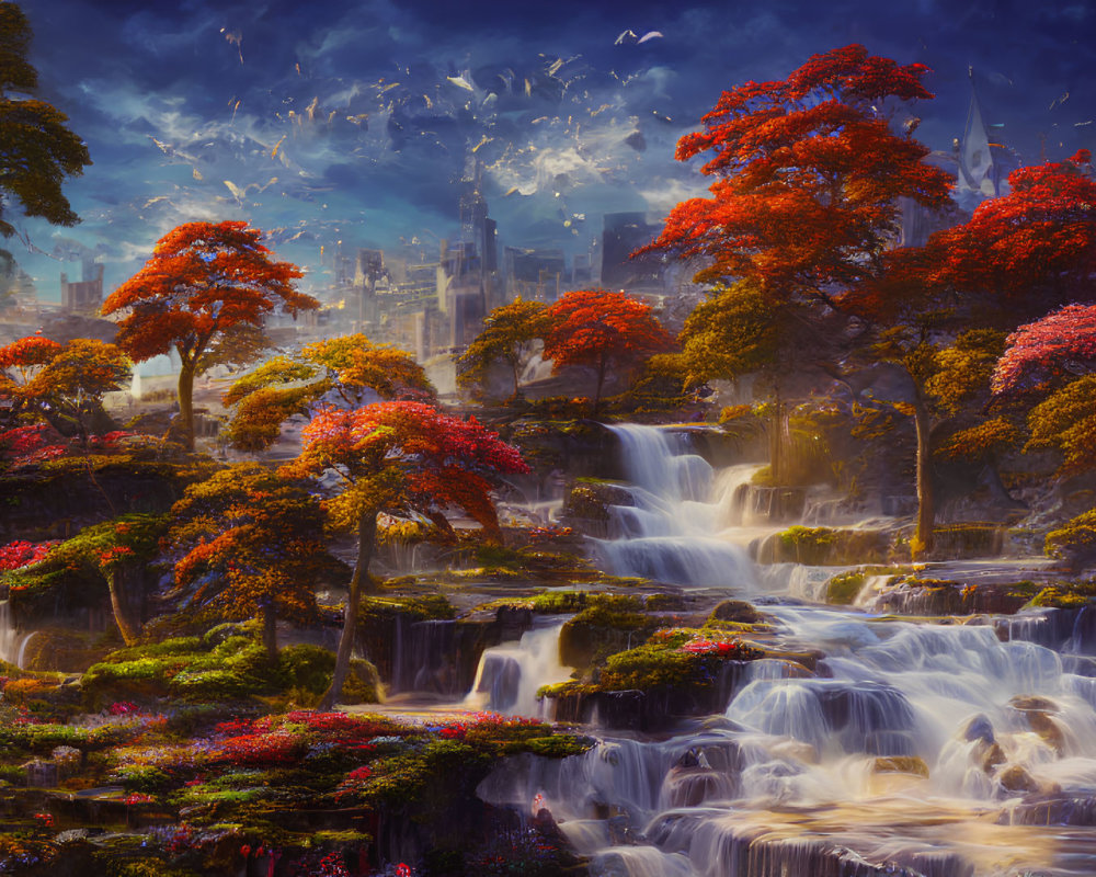 Vibrant autumn trees, waterfalls, mystical city in dramatic landscape