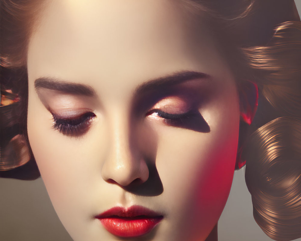 Portrait of woman with curled hair, subtle makeup, red lipstick, and serene expression.