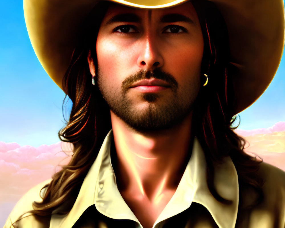 Stylized portrait of man with long hair and hat on sky background