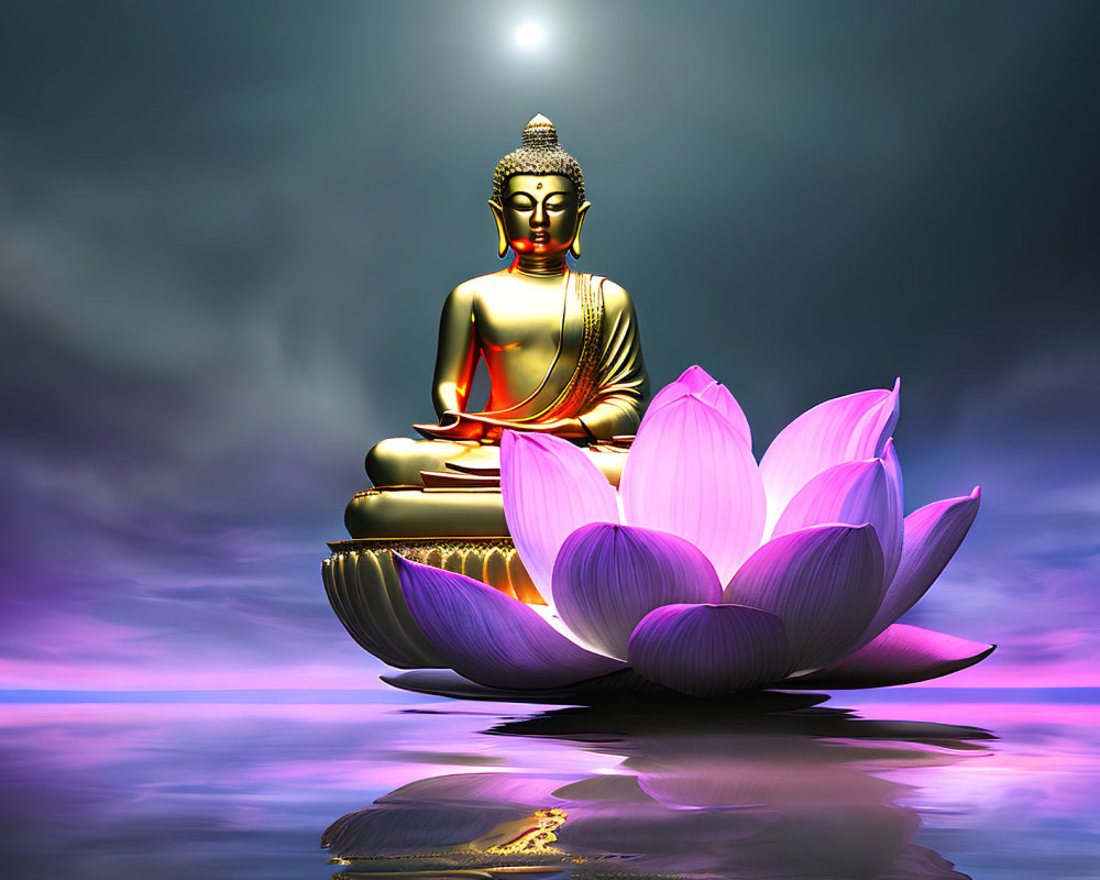 Golden Buddha statue meditating on pink lotus flower in serene setting