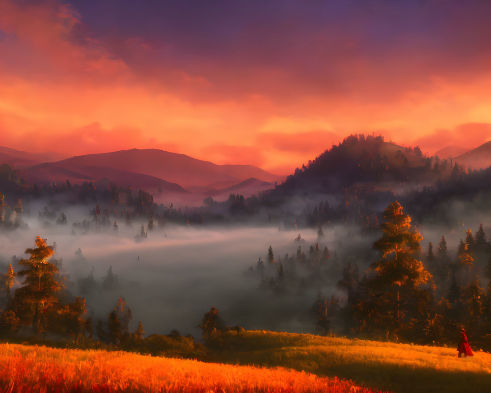 Scenic sunset landscape with orange sky, silhouetted mountains, foggy forest, and figure