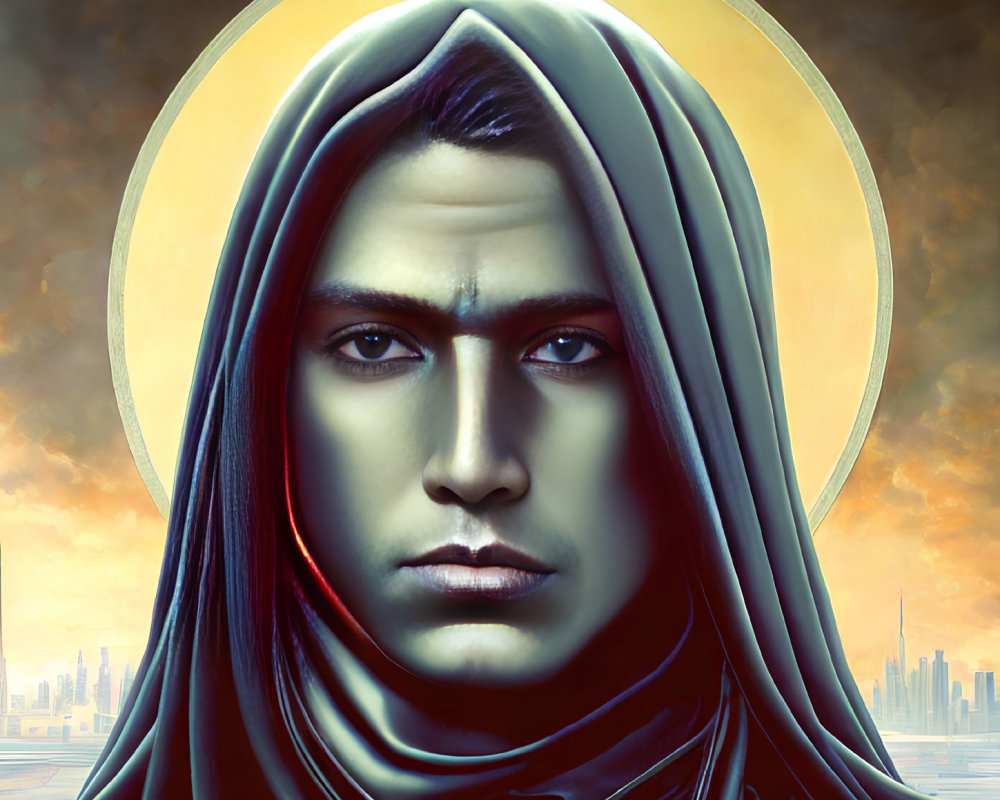 Person with halo and hooded cloak in futuristic cityscape, featuring striking gaze and blue mark.