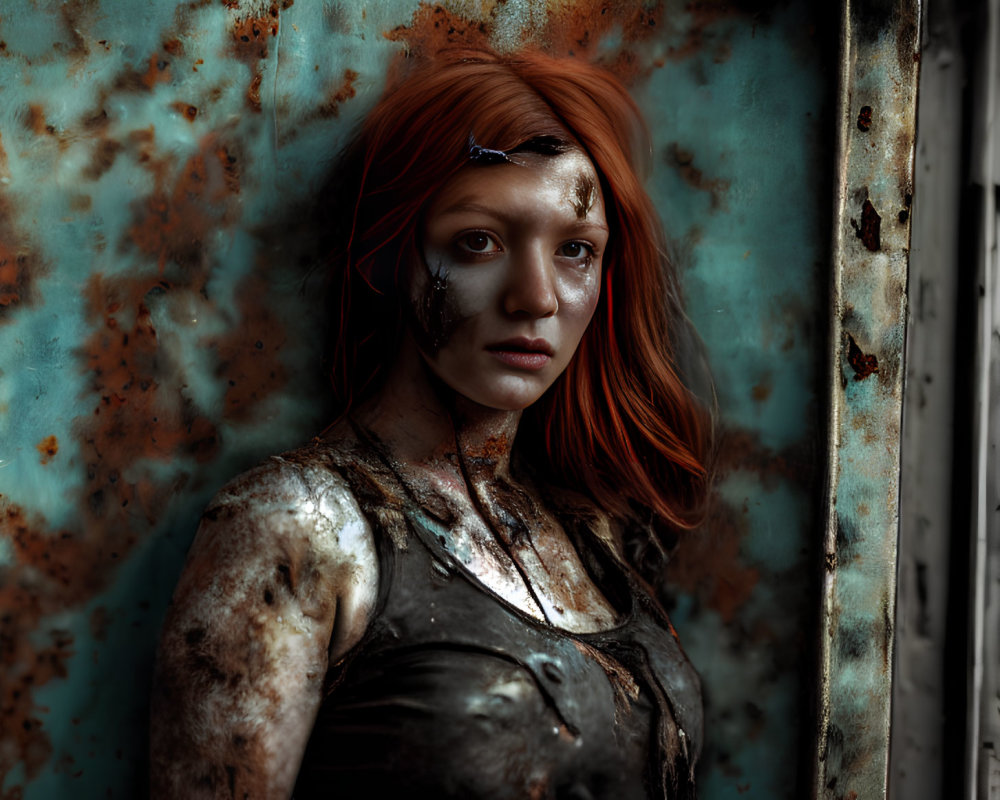 Red-haired woman with intense gaze against rusty backdrop