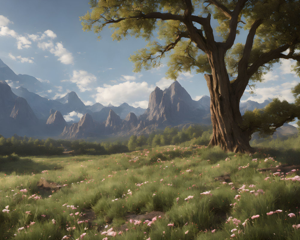 Tranquil landscape with solitary tree, pink flowers, and distant mountains