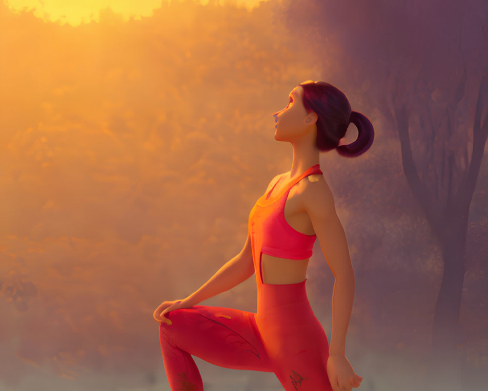 Woman practicing yoga in sunlit field with trees